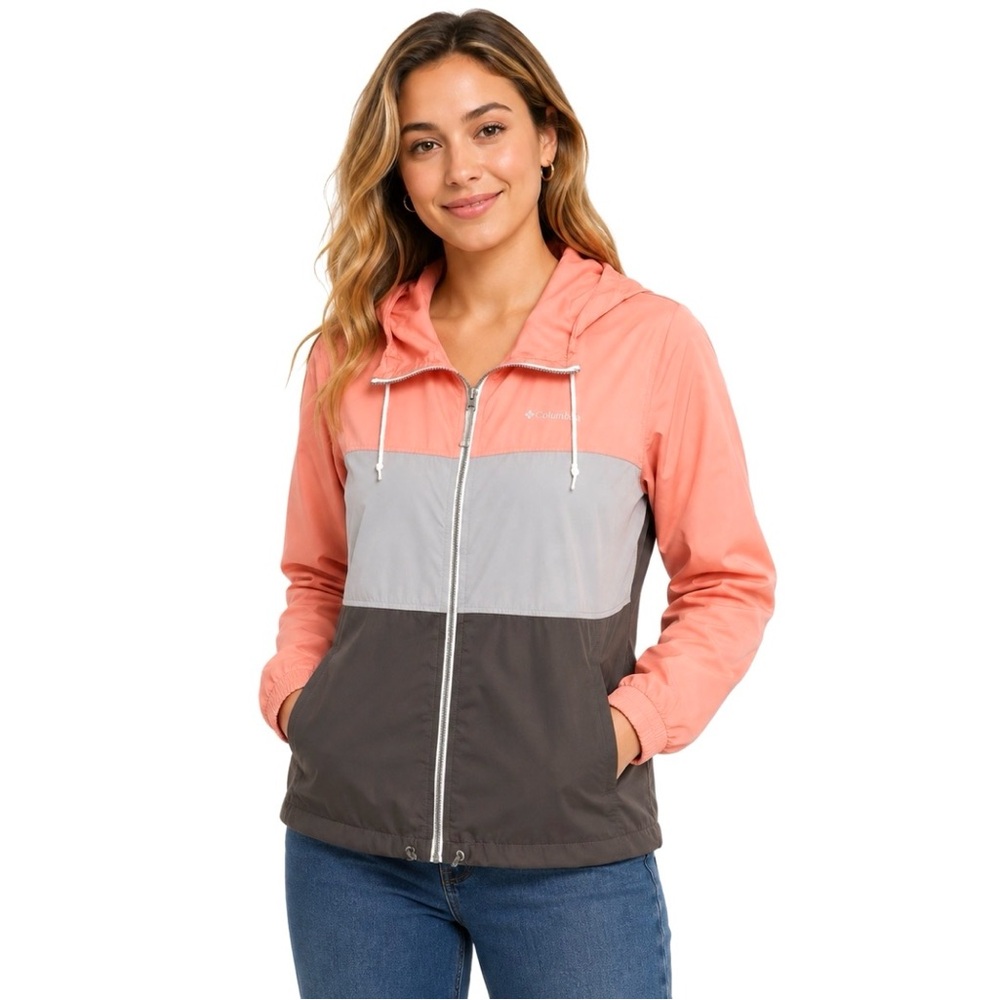 Columbia fleece lined windbreaker 3 color blocks pink light and dark grey Size M